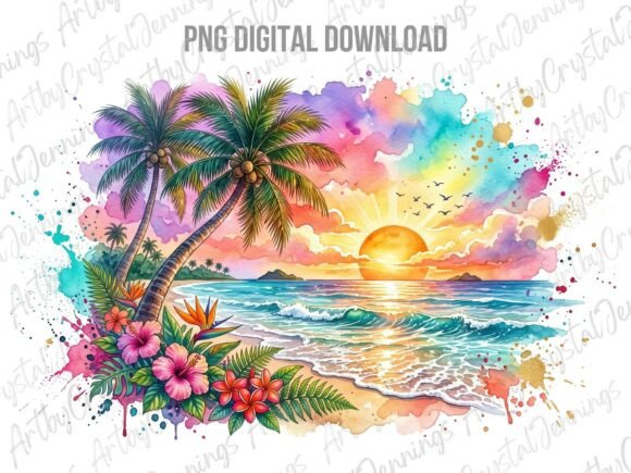 Download Tropical Sunset Beach Watercolor PNG - Tropic Collection